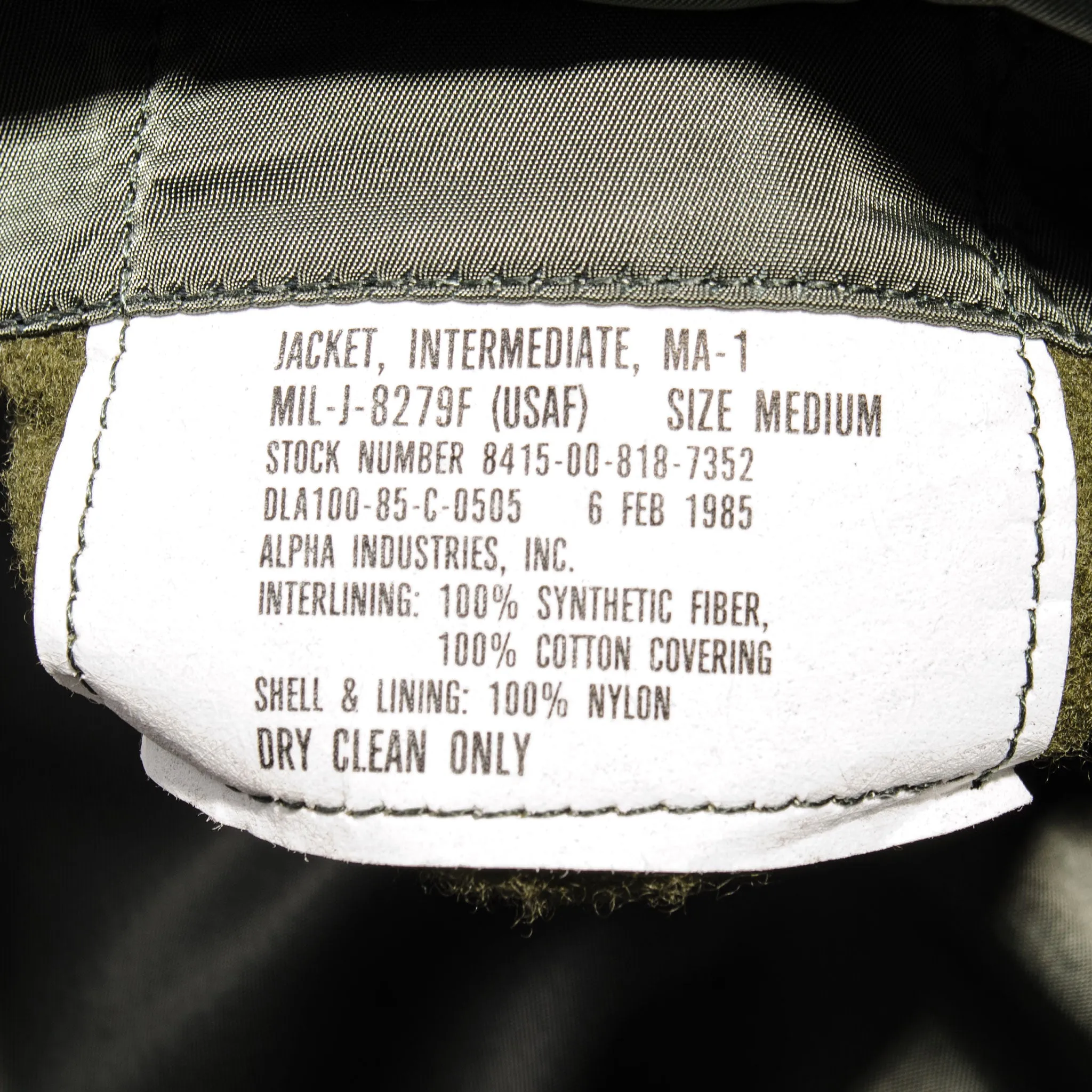 USAF US AIR FORCE FLIGHT JACKET MA-1 MA1 1985 SIZE MEDIUM