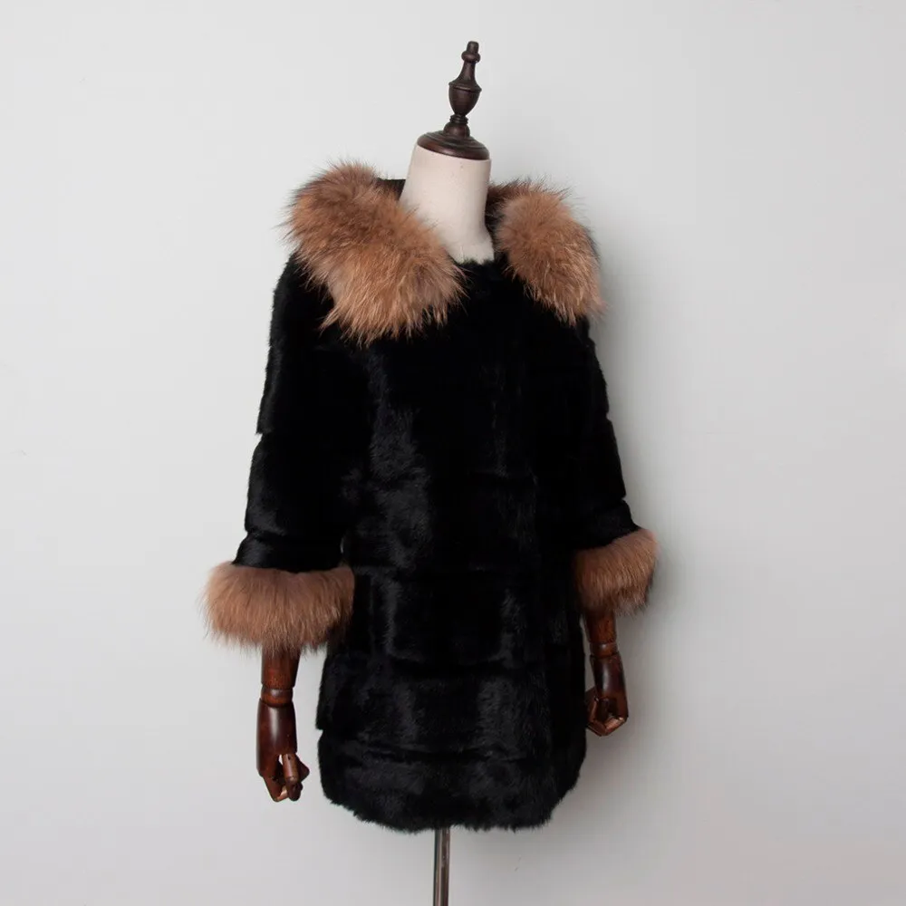 Woman's  Real Rabbit Fur Coat Raccoon Fur Collar & Cuff Hood Overcoat   010129L