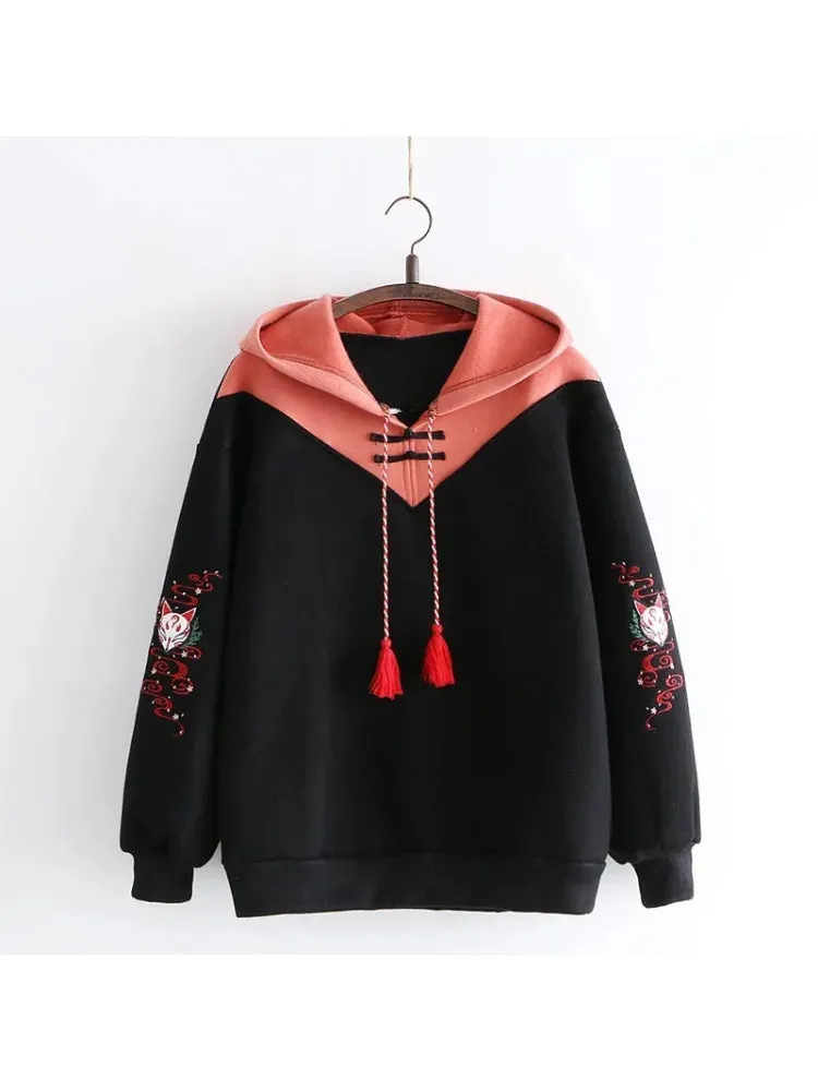 Women Hoodies Fleece Thick Cute Fox Embroidery Winter Autumn  Pullovers Jumpers Japanese Hooded