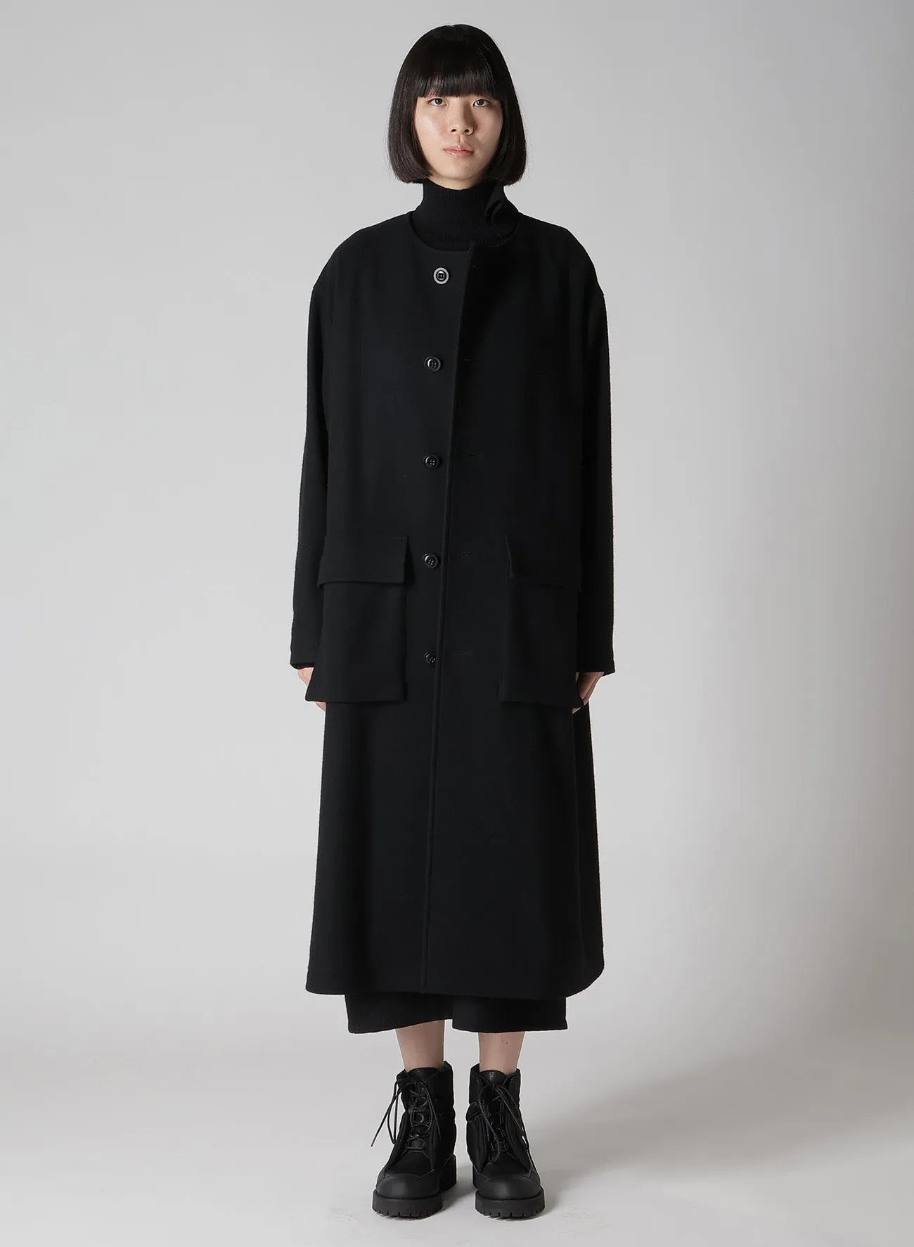 WOOL SINGLE MOSSER COLLARLESS COAT